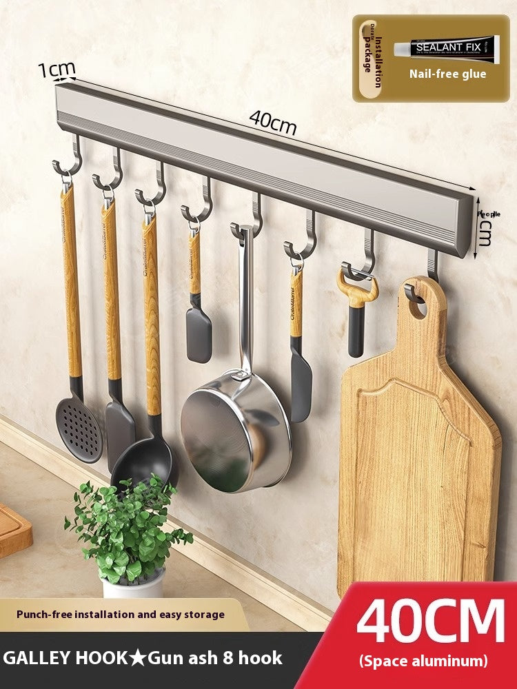 Adhesive aluminium hook rail, 8 hooks