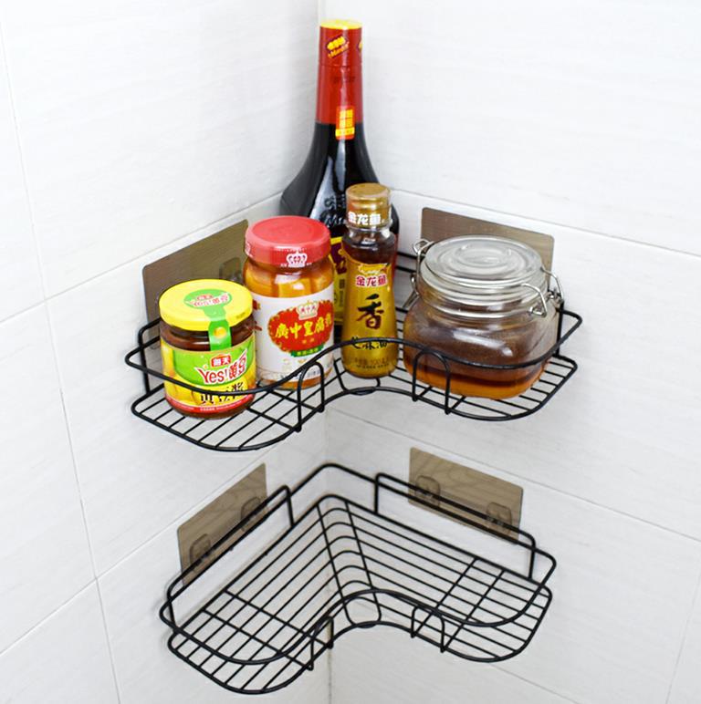 Corner shower shelf in a bathroom